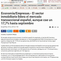 El sector inmobiliario lidera el mercado transaccional espaol, aunque cae un 17,7% hasta septiembre